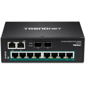 TRENDnet TI-PG102 10-Port Ethernet Switch, 8 Gigabit PoE+ ports, 2 shared Gigabit SFP slots, 20 Gbps switching capacity, DIN-rail/wall mount